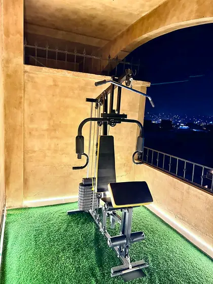 Terrace gym corner. A home gym machine and dumbbell rack on a lit terrace with a night view.