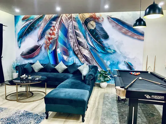 Aurora Lounge: Feather mural, electric fireplace and a blue pool table