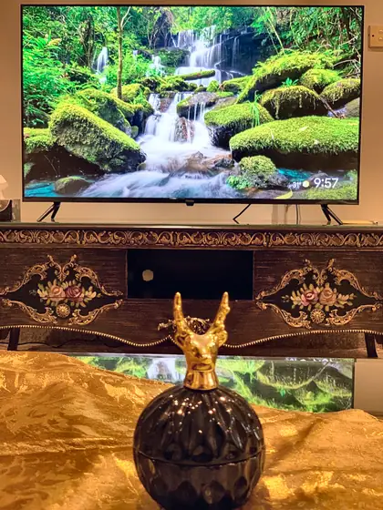 Smart TV above a carved console with a decorative gold ornament.