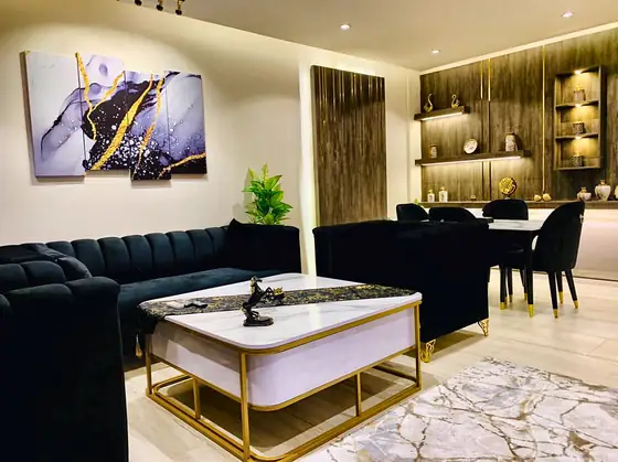 Photo 2 of Noir & Gold: Designer Furnished Apartment in Black Velvet and Marble